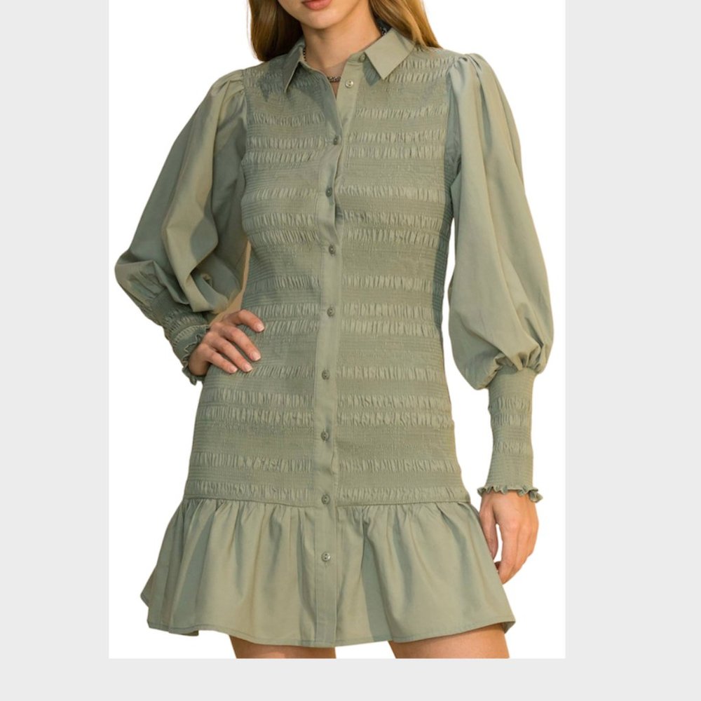 Green Puff Sleeve Button Up Ruched Dress
